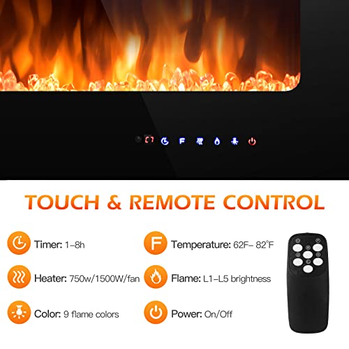 ARLIME Electric Fireplace Insert 36 Inch Wide Wall Mounted, in Wall Electric Fireplace Electric with Remote Control, Timer, Touch Screen, 9 Adjustable Flame Colors, Smokeless Stove Heater, 750W/1500W