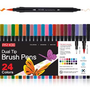 parkoo dual brush art markers pens for adult coloring books, 24 artist colored marker set, fine & brush tip art supplies for journaling note taking writing planning