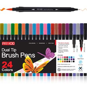 ParKoo Dual Brush Art Markers Pens for Adult Coloring Books, 24 Artist Colored Marker Set, Fine & Brush Tip Art Supplies for Journaling Note Taking Writing Planning