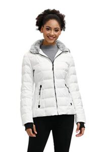 slow down women midweight down puffer jacket, warm hooded winter down jacket for women with faux-fur hood & collar (white, l)