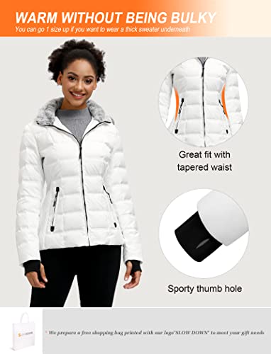 SLOW DOWN Women Midweight Down Puffer Jacket, Warm Hooded Winter Down Jacket for Women with Faux-Fur Hood & Collar (White, L)