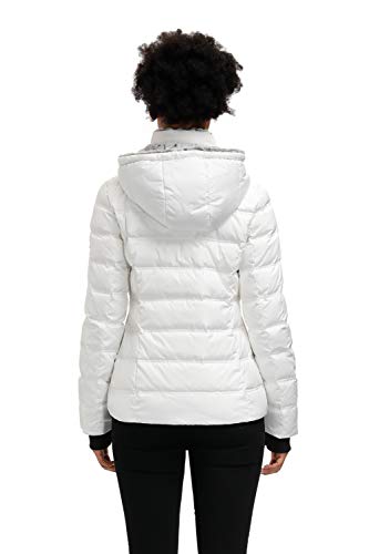SLOW DOWN Women Midweight Down Puffer Jacket, Warm Hooded Winter Down Jacket for Women with Faux-Fur Hood & Collar (White, L)