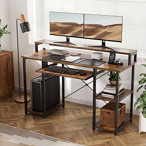 NOBLEWELL Computer Desk with Storage Shelves, 47 inch Home Office Desk with Monitor Stand, Writing Desk Table with Keyboard Tray (Rustic Brown)