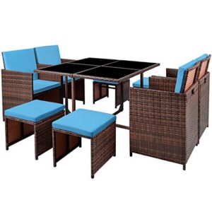 GUNJI 9 Pieces Patio Dining Outdoor Table and Chairs Table Set with Space Saving Rattan Chairs Patio Furniture Sets Cushioned Seating and Back (Blue)