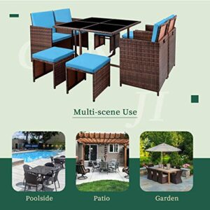 GUNJI 9 Pieces Patio Dining Outdoor Table and Chairs Table Set with Space Saving Rattan Chairs Patio Furniture Sets Cushioned Seating and Back (Blue)
