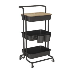 dtk 3 tier utility rolling storage cart with cover board, handle and locking wheels, 2 small baskets and 4 hooks for bathroom office balcony living room(black)
