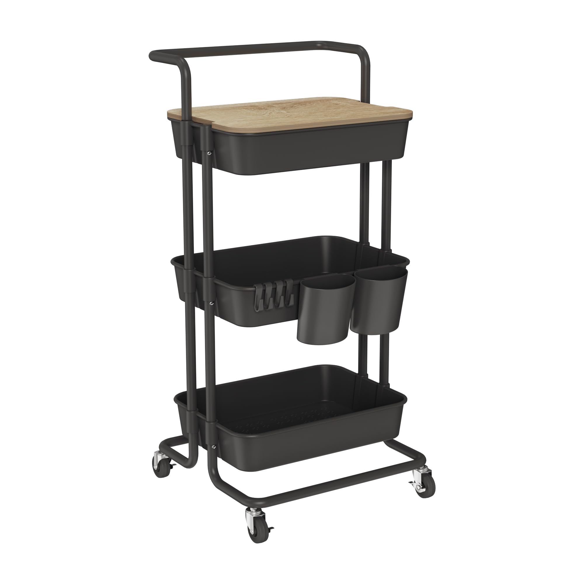 DTK 3 Tier Utility Rolling Storage Cart with Cover Board, Handle and Locking Wheels, 2 Small Baskets and 4 Hooks for Bathroom Office Balcony Living Room(Black)