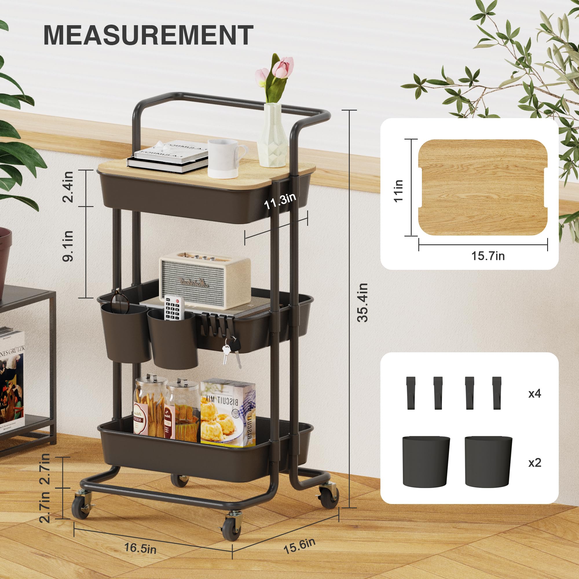 DTK 3 Tier Utility Rolling Storage Cart with Cover Board, Handle and Locking Wheels, 2 Small Baskets and 4 Hooks for Bathroom Office Balcony Living Room(Black)