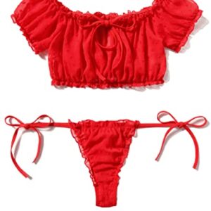 Avidlove Womens Lingerie Self Tie Ruffle Trim Dobby Teddy Mesh Lingerie Set Sexy Bra and Panty Set Red M