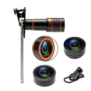 fgzefort phone camera lenses 4 in 1 cell phone lens kit 12x telephoto lens, 0.63x wide angle lens & 15x macro lens, 198°fisheye lens, eye cup, clip, compatible with iphone, samsung android phone