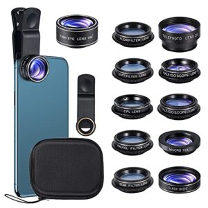 new fgzefort 11 in 1 cell phone lens kit wide angle lens & macro lens+fisheye lens+telephoto lens+cpl/flow/radial/star/soft filter+kaleidoscope lens compatible for iphone and most of smartphone