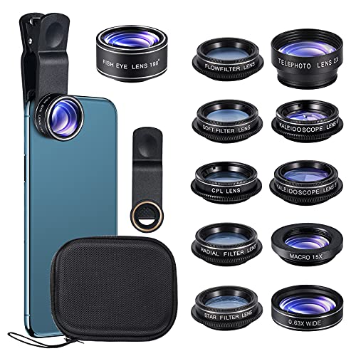 New fgzefort 11 in 1 Cell Phone Lens Kit Wide Angle Lens & Macro Lens+Fisheye Lens+Telephoto Lens+CPL/Flow/Radial/Star/Soft Filter+Kaleidoscope Lens Compatible for iPhone and Most of Smartphone