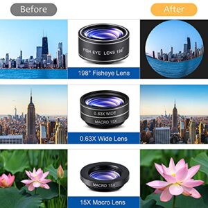 New fgzefort 11 in 1 Cell Phone Lens Kit Wide Angle Lens & Macro Lens+Fisheye Lens+Telephoto Lens+CPL/Flow/Radial/Star/Soft Filter+Kaleidoscope Lens Compatible for iPhone and Most of Smartphone