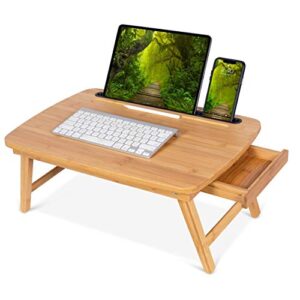 birdrock home portable sit or stand desk with storage drawer and media slot | folding legs | fits laptops up to 17" | 17" tablet and phone slot | smart phones up to 4" | natural | work from home