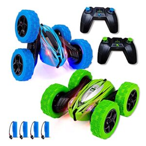 2 pack remote control car, rc stunt cars for boys, 4wd 2.4ghz double sided 360° rotating rc car for kids, 4 rechargeable battery, blue+green