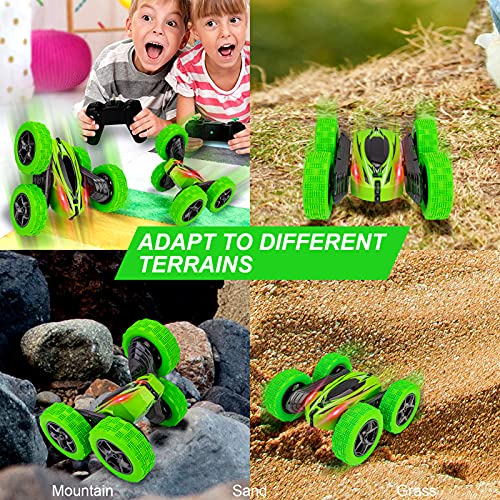 2 Pack Remote Control Car, RC Stunt Cars for Boys, 4WD 2.4Ghz Double Sided 360° Rotating RC Car for Kids, 4 Rechargeable Battery, Blue+Green