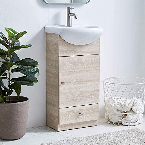 18 Inch Bathroom Vanity, Small Narrow Bath Vanity With Sink Combo, Modern Gray Wood RV Freestanding Storage Bathroom Vanity Cabinet Set, White Ceramic Vessel Sink For Small Space, 1 Door 1 Drawer