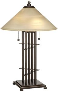 franklin iron works metro planes 'n' posts rustic farmhouse accent table lamp 23 1/2" high with dimmer bronze metal alabaster art glass shade for bedroom living room house home bedside nightstand