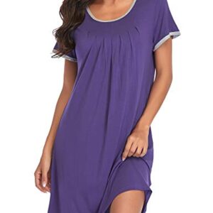 COLORFULLEAF Women's Nightgown Short Sleeve Nightshirt Sleep Shirt Comfy Sleepwear Pleated Scoopneck Sleepshirt (Dark-purple, S)