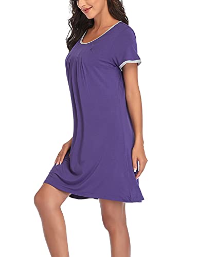 COLORFULLEAF Women's Nightgown Short Sleeve Nightshirt Sleep Shirt Comfy Sleepwear Pleated Scoopneck Sleepshirt (Dark-purple, S)