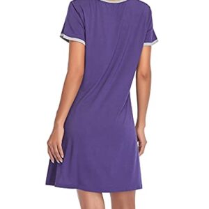 COLORFULLEAF Women's Nightgown Short Sleeve Nightshirt Sleep Shirt Comfy Sleepwear Pleated Scoopneck Sleepshirt (Dark-purple, S)