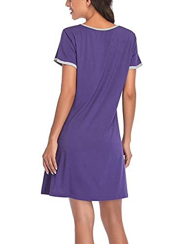 COLORFULLEAF Women's Nightgown Short Sleeve Nightshirt Sleep Shirt Comfy Sleepwear Pleated Scoopneck Sleepshirt (Dark-purple, S)