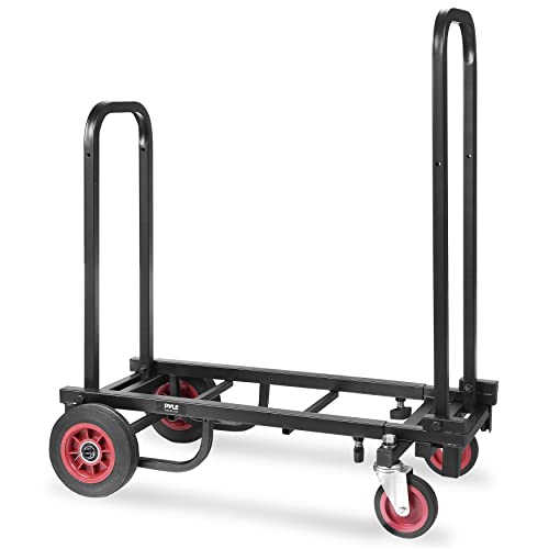 Pyle Compact Folding Adjustable Equipment Cart - Heavy Duty 8-in-1 Convertible Cart Hand Truck/Dolly/Platform Cart with R-Trac Wheels - Expandable Up to 25.24" to 40.24" - Pyle PKEQ38