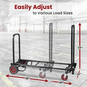 Pyle Compact Folding Adjustable Equipment Cart - Heavy Duty 8-in-1 Convertible Cart Hand Truck/Dolly/Platform Cart with R-Trac Wheels - Expandable Up to 25.24" to 40.24" - Pyle PKEQ38