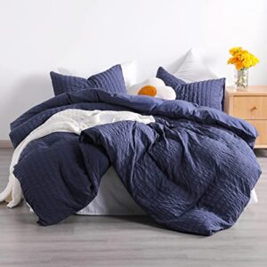 ntbay 3 pieces queen duvet cover set, seersucker textured stripe washed microfiber comforter cover with zipper closure, 90x90 inches, navy blue