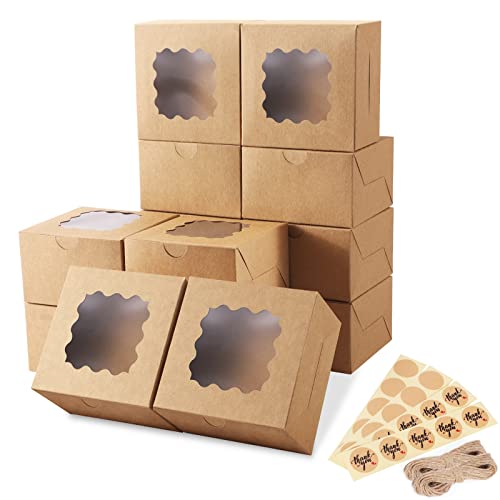 Eupako 50 Pack 4x4x2.5-Inches-Bakery-Boxes-with-Window - Brown-Cookie-Boxes-Mini-Cake-Boxes-Small-Treat-Box-Pastry-Dessert-Boxes