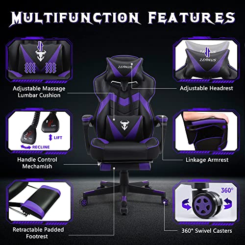 Zeanus Purple Gaming Chair Reclining Computer Chair with Footrest High Back Gamer Chair with Massage Ergonomic Gaming Chair Racing Style Chair for Heavy People Big and Tall Gaming Chairs for Adults