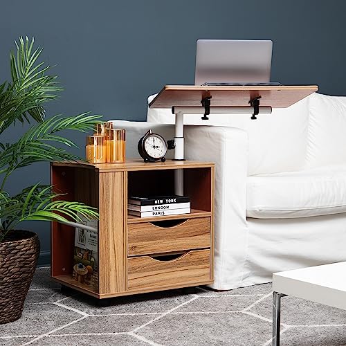 Mind Reader Bedside Workstation Nightstand Swivel Top Couch Laptop Desk with Drawers and Magazine Holder, Wood Finish, Brown 15.75 in x 23.75 in x 34 in