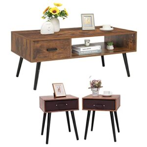 iwell mid-century boho coffee table & nightstand set of 2, 2 piece furniture for living room, end table with drawer, tv console, office sofa table, cocktail table