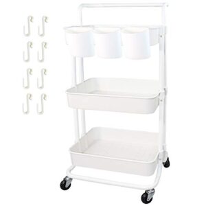 piowio 3 tier utility rolling cart multifunction organizer shelf storage cart with 3 pieces cups and 8 pieces hooks for home kitchen bathroom laundry room office store etc. (white)