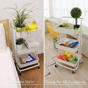 Piowio 3 Tier Utility Rolling Cart Multifunction Organizer Shelf Storage Cart with 3 Pieces Cups and 8 Pieces Hooks for Home Kitchen Bathroom Laundry Room Office Store etc. (White)