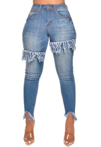 fairbeauty women's skinny stretch jeans frayed raw hem slim fit jeans ripped denim pants blue-a