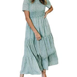 Zattcas Womens 2023 Spring Summer Smocked Tiered Boho Floral Long Maxi Dresses Casual Short Sleeve Modest Flowy Church Maternity Wedding Guest Dress Light Green M