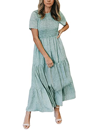 Zattcas Womens 2023 Spring Summer Smocked Tiered Boho Floral Long Maxi Dresses Casual Short Sleeve Modest Flowy Church Maternity Wedding Guest Dress Light Green M