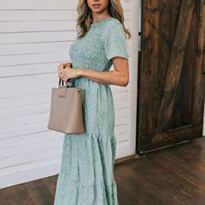 Zattcas Womens 2023 Spring Summer Smocked Tiered Boho Floral Long Maxi Dresses Casual Short Sleeve Modest Flowy Church Maternity Wedding Guest Dress Light Green M