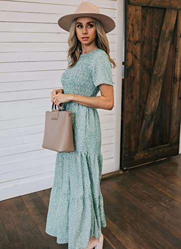 Zattcas Womens 2023 Spring Summer Smocked Tiered Boho Floral Long Maxi Dresses Casual Short Sleeve Modest Flowy Church Maternity Wedding Guest Dress Light Green M