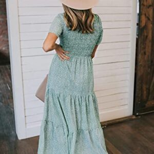 Zattcas Womens 2023 Spring Summer Smocked Tiered Boho Floral Long Maxi Dresses Casual Short Sleeve Modest Flowy Church Maternity Wedding Guest Dress Light Green M