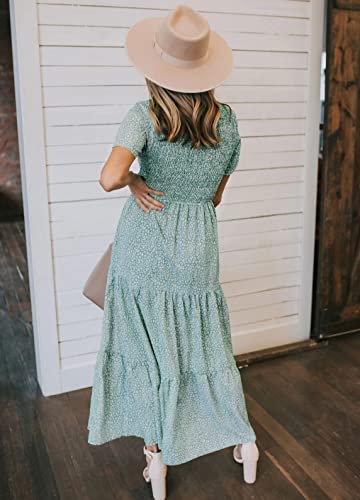 Zattcas Womens 2023 Spring Summer Smocked Tiered Boho Floral Long Maxi Dresses Casual Short Sleeve Modest Flowy Church Maternity Wedding Guest Dress Light Green M