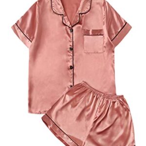 Verdusa Women's 2pc Satin Nightwear Button Front Sleepwear Short Sleeve Pajamas Set Pink M