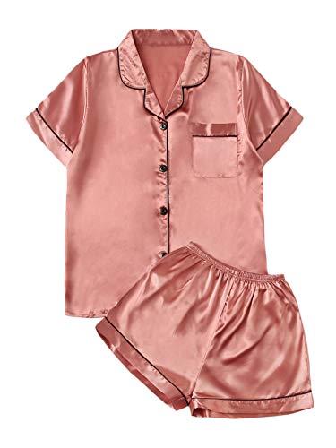 Verdusa Women's 2pc Satin Nightwear Button Front Sleepwear Short Sleeve Pajamas Set Pink M