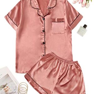 Verdusa Women's 2pc Satin Nightwear Button Front Sleepwear Short Sleeve Pajamas Set Pink M