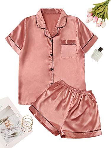 Verdusa Women's 2pc Satin Nightwear Button Front Sleepwear Short Sleeve Pajamas Set Pink M