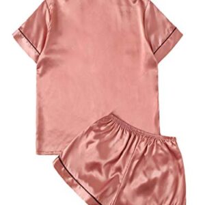 Verdusa Women's 2pc Satin Nightwear Button Front Sleepwear Short Sleeve Pajamas Set Pink M