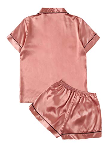 Verdusa Women's 2pc Satin Nightwear Button Front Sleepwear Short Sleeve Pajamas Set Pink M