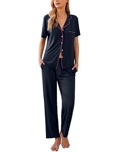 Ekouaer Womens 2-Piece Casual Button Down Nightwear Short Sleeve Pajama Set, Deep navy blue, Medium