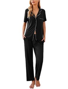 ekouaer womens 2-piece casual button down nightwear short sleeve pajama set, black, medium